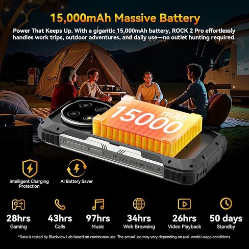 Blackview Rock 2 Pro 5G Rugged Phone Android 16, 15000mAh/33W Dual 400LM Camping Light, 32GB+256GB/2TB Rugged Smartphone Unlocked Gemini AI, 16MP+13MP 6.78" 2.4K 120Hz Glove Mode/NFC | Camping Light in Saudi Arabia
