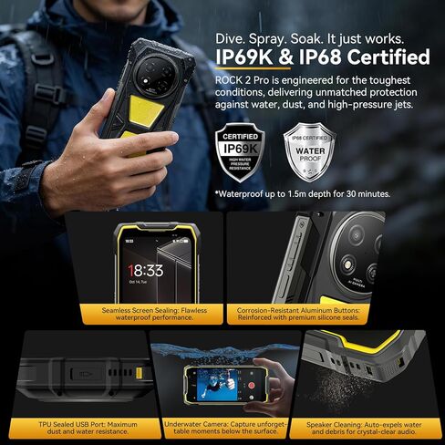 Blackview Rock 2 Pro 5G Rugged Phone Android 16, 15000mAh/33W Dual 400LM Camping Light, 32GB+256GB/2TB Rugged Smartphone Unlocked Gemini AI, 16MP+13MP 6.78" 2.4K 120Hz Glove Mode/NFC | Camping Light in Saudi Arabia