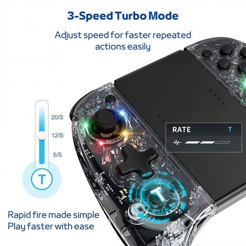وحدة تحكم MythicMod اللاسلكية متوافقة مع Switch وSwitch OLED وSwitch 2 مع محولات الشحن المضمنة، وحدة تحكم ألعاب Bluetooth مع غلاف شفاف RGB، وظيفة Turbo، التحكم في الحركة، اهتزاز مزدوج، لوحة ألعاب مريحة in Saudi Arabia