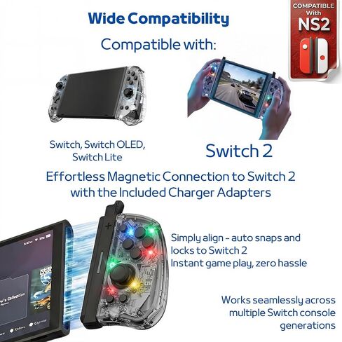 وحدة تحكم MythicMod اللاسلكية متوافقة مع Switch وSwitch OLED وSwitch 2 مع محولات الشحن المضمنة، وحدة تحكم ألعاب Bluetooth مع غلاف شفاف RGB، وظيفة Turbo، التحكم في الحركة، اهتزاز مزدوج، لوحة ألعاب مريحة in Saudi Arabia