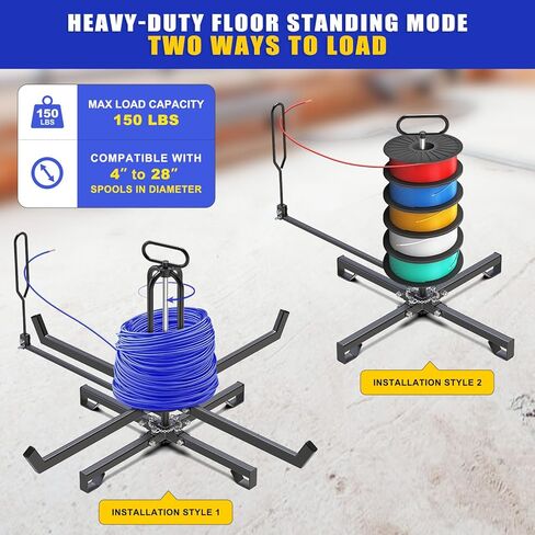 SELEWARE Foldable Cable Dispenser, Floor or Stud Mounted Wire Spool Rack for 4-28 inch Reels, Portable Wire Rack Dispenser with Anti-Slip Handle for Electrical, Industrial & Retail Use in Saudi Arabia