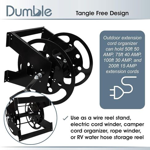 حامل بكرة تمديد سلك Dumble RV - سلك كهربائي RV من الفولاذ الأسود بطول 50-100 قدم يمكن لفه أو منظم خرطوم التخييم in Kuwait