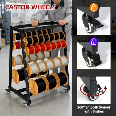 ATOLS Heavy-Duty 13-Rod Wire Spool Rack – 400lb Capacity, Adjustable Cable Caddy & Dispenser with Locking Wheels for Electrical and Industrial Use in Saudi Arabia