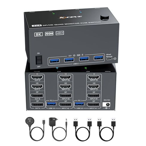 8K@60Hz HDMI/DP 4 Monitors 2 Computer KVM Switch, Reyoten Quad Monitor KVM in Kuwait
