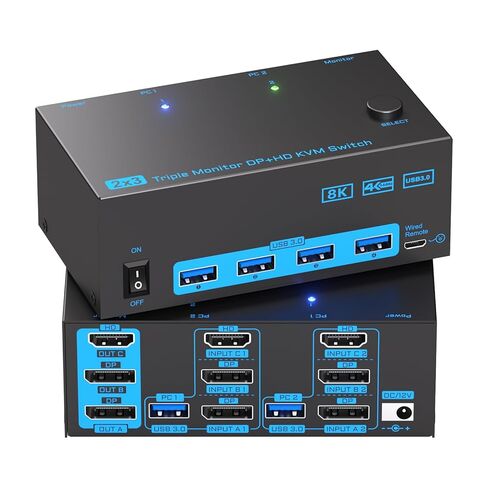 KVM Switch 4 Monitors 2 Computers, Reyoten 2 Computers Share 4 Monitors 8K@60Hz HDMI2.1 KVM Switch, 4K120Hz DP2.1 Switches Keyboard & Mouse 2 HDMI+ 2 DP Inputs, USB 3.0, Wired Remote & USB 3.0 Cables in Kuwait