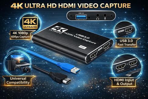 USB 3.0 HDMI Video Capture Card 4K Input 1080P 60FPS Game Capture Device for Streaming, Recording & Broadcasting Compatible with OBS, PS5, PS4, Xbox, Nintendo Switch, Camera, Windows Mac in Saudi Arabia