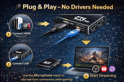 USB 3.0 HDMI Video Capture Card 4K Input 1080P 60FPS Game Capture Device for Streaming, Recording & Broadcasting Compatible with OBS, PS5, PS4, Xbox, Nintendo Switch, Camera, Windows Mac in Saudi Arabia