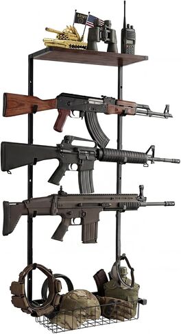 Wall Gun Rack,Indoor Gun Holder, Gun Wall Mount Display, Holds up to 4 Firearms, Includes a Accessories Basket, Suitable for Rifles, Carbines and Shotguns in Saudi Arabia