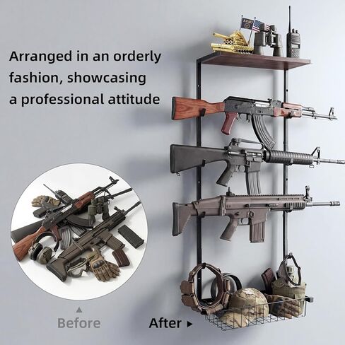 Wall Gun Rack,Indoor Gun Holder, Gun Wall Mount Display, Holds up to 4 Firearms, Includes a Accessories Basket, Suitable for Rifles, Carbines and Shotguns in Saudi Arabia