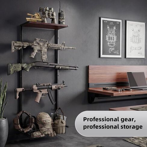 Wall Gun Rack,Indoor Gun Holder, Gun Wall Mount Display, Holds up to 4 Firearms, Includes a Accessories Basket, Suitable for Rifles, Carbines and Shotguns in Saudi Arabia