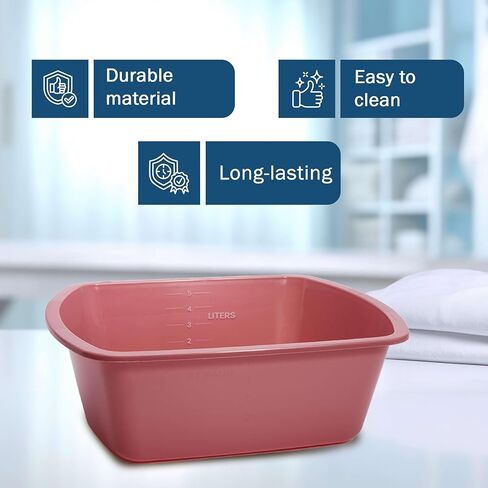Plastic Wash Basin 5 Pack - 5 Liter Rectangle Plastic Tub with Rolled Rim - Good for Washing Limbs and Carrying Liquid - Good for Hospitals, Nursing Homes, and Medical Facilities in Kuwait
