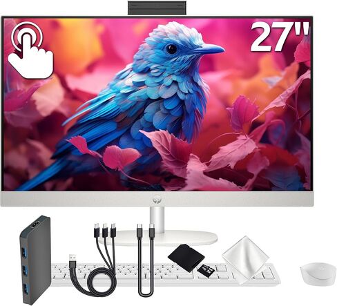 HP 27" FHD Touchscreen All-in-One Desktop, AMD Ryzen 5 7520U, 16GB LPDDR5, 2TB Storage (1TB SSD&1TB Docking Station), FHD IR Camera, Wi-Fi 6, Wireless Keyboard & Mouse, Windows 11 Home, White in Saudi Arabia