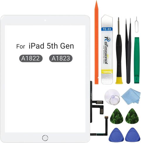 لجهاز iPad 5 (إصدار الجيل الخامس 2017) زجاج بديل للشاشة يعمل باللمس، لجهاز iPad 9.7 بوصة A1822 A1823، لاصق مثبت مسبقًا، مع زر الصفحة الرئيسية ومجموعة إصلاح كاملة - أبيض in Kuwait