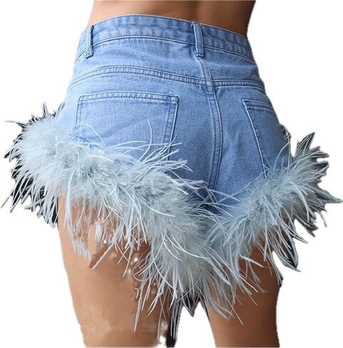 WDO7 Sexy Denim Shorts For Women With Real Ostrich Fur Feather Hair Furry Short Pants Fluffy New Design Fur Trimmed Tight Fit Pants (M, Blue) in Saudi Arabia