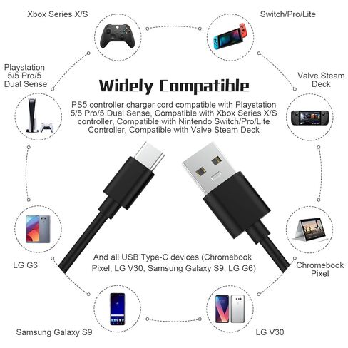 كابل شحن Zosvoses USB C متوافق مع Xbox Series X/S، PS5، PS5 DualSense، Switch، Switch Pro، Switch Lite Controller، Steam Deck، 10ft in Saudi Arabia