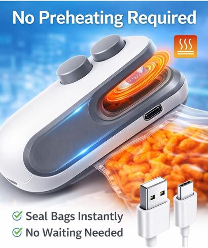 Zelivo Mini Bag Sealer with Cutter & Magnet, Rechargeable USB-C, 2-in-1 Portable Heat Sealer, White, Plastic, 5 Watts, Battery Powered in Saudi Arabia