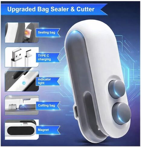 Zelivo Mini Bag Sealer with Cutter & Magnet, Rechargeable USB-C, 2-in-1 Portable Heat Sealer, White, Plastic, 5 Watts, Battery Powered in Saudi Arabia