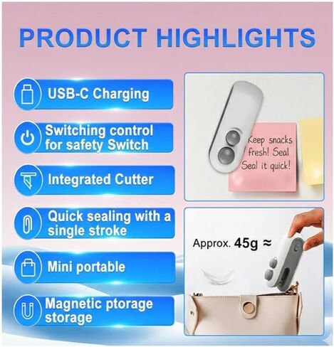 Zelivo Mini Bag Sealer with Cutter & Magnet, Rechargeable USB-C, 2-in-1 Portable Heat Sealer, White, Plastic, 5 Watts, Battery Powered in Saudi Arabia