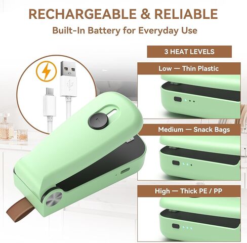 NEATEST Mini Bag Sealer, 2026 Upgraded USB Rechargeable 3 Heat Levels Chip Bag Sealer with Cutter Magnet, 2 in 1 Portable Heat Seal Resealer for Plastic Bags, Snacks & Food Storage (Green) in Saudi Arabia
