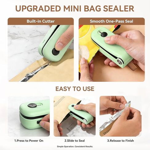 NEATEST Mini Bag Sealer, 2026 Upgraded USB Rechargeable 3 Heat Levels Chip Bag Sealer with Cutter Magnet, 2 in 1 Portable Heat Seal Resealer for Plastic Bags, Snacks & Food Storage (Green) in Saudi Arabia