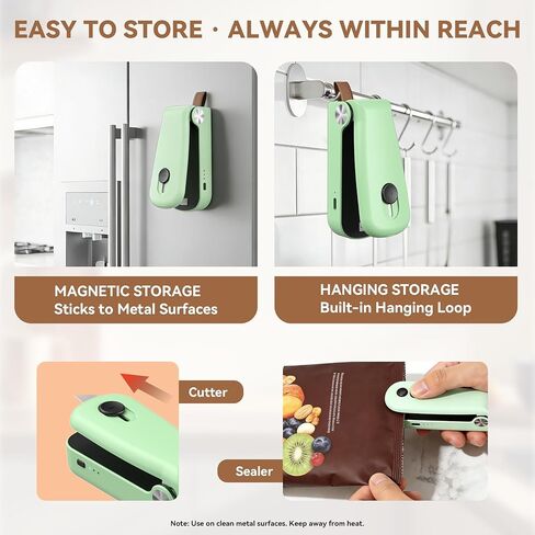 NEATEST Mini Bag Sealer, 2026 Upgraded USB Rechargeable 3 Heat Levels Chip Bag Sealer with Cutter Magnet, 2 in 1 Portable Heat Seal Resealer for Plastic Bags, Snacks & Food Storage (Green) in Saudi Arabia