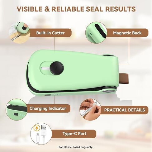 NEATEST Mini Bag Sealer, 2026 Upgraded USB Rechargeable 3 Heat Levels Chip Bag Sealer with Cutter Magnet, 2 in 1 Portable Heat Seal Resealer for Plastic Bags, Snacks & Food Storage (Green) in Saudi Arabia