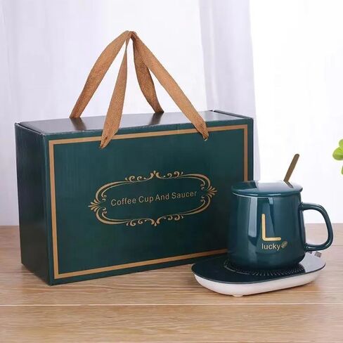 USB Electric Mug Warmer with Ceramic Coffee Mugs Set - Smart Thermostatic Cup Heater for Office Home with Lid Straw Spoon Tray, White in Saudi Arabia