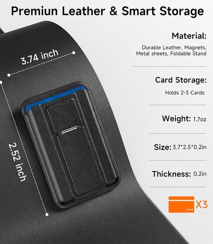 لمحفظة Magsafe، 4 حامل بطاقات مع حامل، حجب RFID مع حلقة مغناطيسية، جلد نحيف خفيف الوزن لمحفظة Magsafe لهاتف iPhone 17/16/15/14/13/12، وليس لسلسلة iphone Mini، أسود in Kuwait