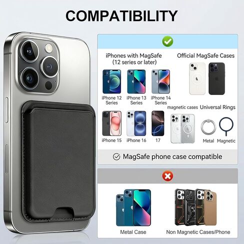 محفظة هاتف جلدية مغناطيسية RFID، حامل بطاقات مغناطيسي قوي مثبت على سلسلة iPhone 17/16/15/14/13/12، تناسب 3 بطاقات in Kuwait