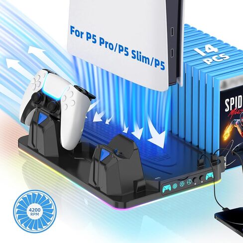 حامل تبريد PS5/Slim/Pro للأقراص والأجهزة الرقمية مع شحن وحدة تحكم مزدوجة، ملحقات P5 متعددة الوظائف، مروحة تبريد ثلاثية المستويات، 9 أوضاع إضاءة مع فتحة تخزين الألعاب، أسود in Kuwait