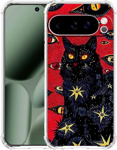 حافظة لهاتف Google Pixel 10 Pro XL بتصميم Hippie Art، نمط قطة سوداء لطيف وشفاف، غطاء هاتف ممتص للصدمات ناعم وشفاف، 6.8 بوصة (Cat، P10XL) in Kuwait