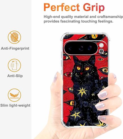 حافظة لهاتف Google Pixel 10 Pro XL بتصميم Hippie Art، نمط قطة سوداء لطيف وشفاف، غطاء هاتف ممتص للصدمات ناعم وشفاف، 6.8 بوصة (Cat، P10XL) in Kuwait