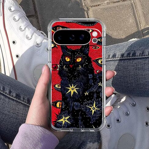 حافظة لهاتف Google Pixel 10 Pro XL بتصميم Hippie Art، نمط قطة سوداء لطيف وشفاف، غطاء هاتف ممتص للصدمات ناعم وشفاف، 6.8 بوصة (Cat، P10XL) in Kuwait