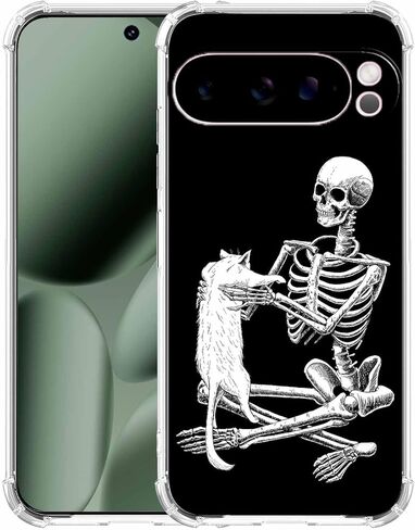 حافظة لهاتف Google Pixel 10 Pro XL بتصميم جمجمة، نمط هيكل عظمي رائع ونمط قطة، غطاء هاتف ممتص للصدمات ناعم وشفاف من مادة TPU، 6.8 بوصة (جمجمة، P10XL) in Kuwait