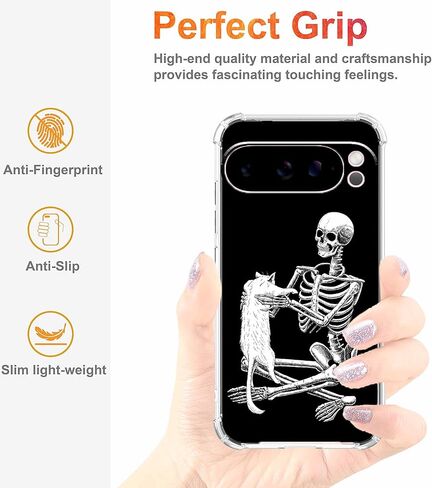 حافظة لهاتف Google Pixel 10 Pro XL بتصميم جمجمة، نمط هيكل عظمي رائع ونمط قطة، غطاء هاتف ممتص للصدمات ناعم وشفاف من مادة TPU، 6.8 بوصة (جمجمة، P10XL) in Kuwait