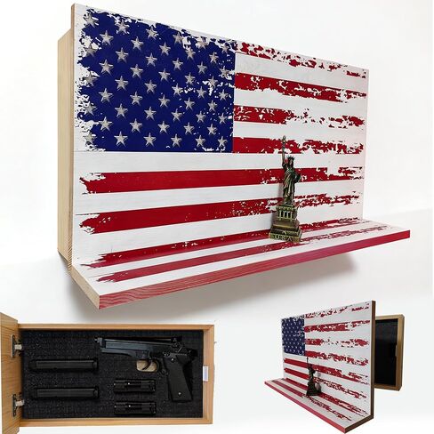 American Flag Compact Gun Shelf with Hidden Storage, Solid Wood & Pine Material, Liberty Enlightening the World Lock Design (Natural) in Saudi Arabia