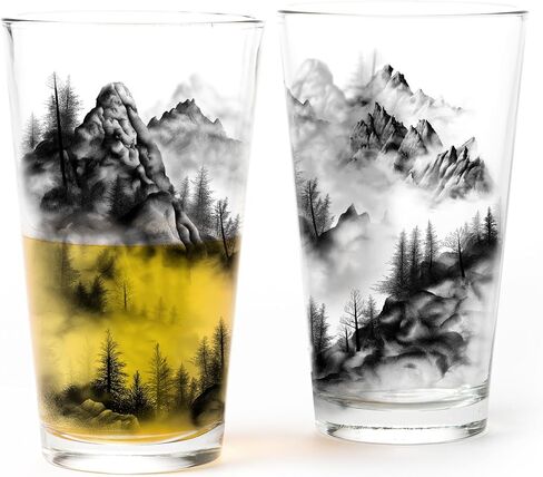 Black Lantern Pint Glasses– Beer Glass and Pint Glass Set of 2 – Forest and Animals Design - Kitchen Glasses and Everyday Drinkware in Kuwait