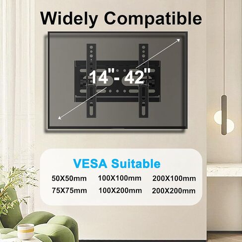 JOBZYP Tilt TV Wall Mount Bracket for 14-42 Flat Screen TVs & Monitors, 19 21 23 27 29 32 37 39 Inch Low Profile Universal Tilting TV Monitor Mount Fits 8" Wood Studs VESA 50x50-200x200mm Up to 55 LBS in Saudi Arabia