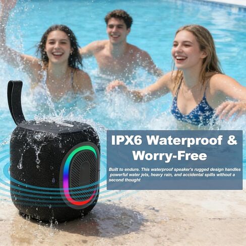 مكبر صوت بلوتوث محمول مع أضواء حفلات RGB ديناميكية وباس عميق محسّن، IPX6 مقاوم للماء، TWS، BT 5.3، بطارية طويلة الأمد للأماكن الخارجية، والاستحمام، والسفر والحفلات، هدية مثالية in Kuwait