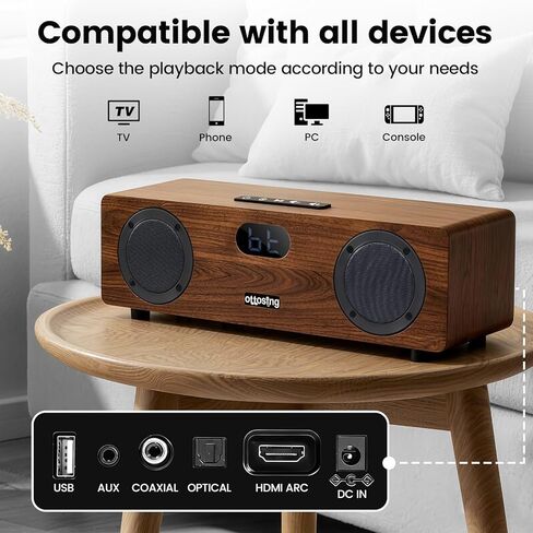 مكبر صوت بلوتوث 2.1 قناة، مضخم صوت مدمج 30 وات بلوتوث 5.0، مدخلات بصرية/HDMI ARC/AUX/USB، مكبر صوت مسرح منزلي خشبي مع جهاز تحكم عن بعد in Kuwait