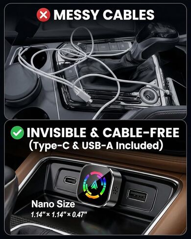 محول CarPlay اللاسلكي ومحول Android Auto اللاسلكي، دونجل محول CarPlay 2 في 1، تحويل Apple CarPlay السلكي من المصنع إلى لاسلكي، توصيل وتشغيل صغير للغاية، يتضمن USB C وUSB-A in Kuwait