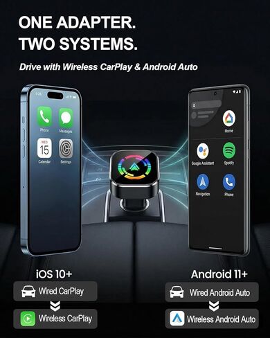 محول CarPlay اللاسلكي ومحول Android Auto اللاسلكي، دونجل محول CarPlay 2 في 1، تحويل Apple CarPlay السلكي من المصنع إلى لاسلكي، توصيل وتشغيل صغير للغاية، يتضمن USB C وUSB-A in Kuwait