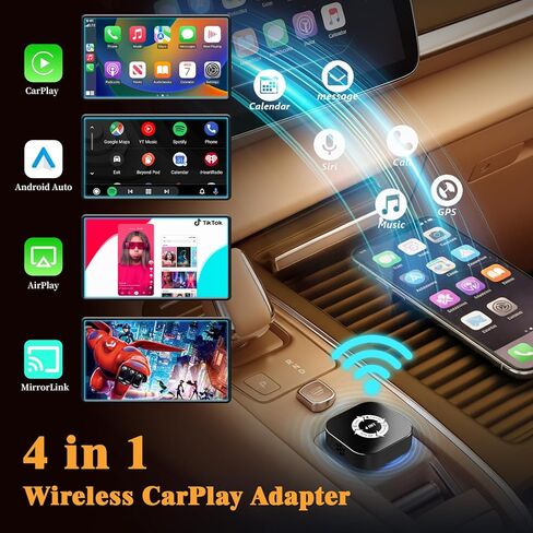 4 in 1 Screen Mirroring Wireless CarPlay Adapte, 2026 Upgraded Wired to Wireless for Apple CarPlay & Android Auto & AirPlay & MirrorLink, Mini USB Car Play Adapter with Type-C Extension, Plug and Play in Saudi Arabia