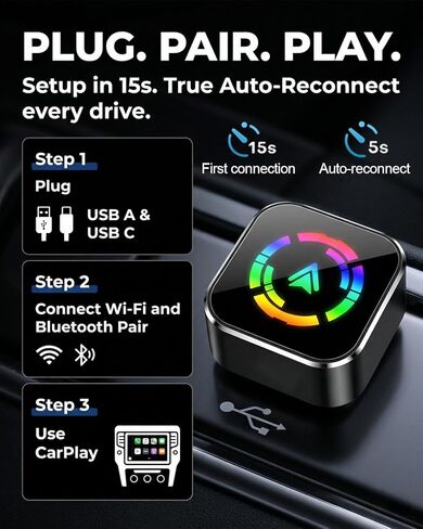 محول CarPlay اللاسلكي ومحول Android Auto اللاسلكي، دونجل محول CarPlay 2 في 1، تحويل Apple CarPlay السلكي من المصنع إلى لاسلكي، توصيل وتشغيل صغير للغاية، يتضمن USB C وUSB-A in Kuwait