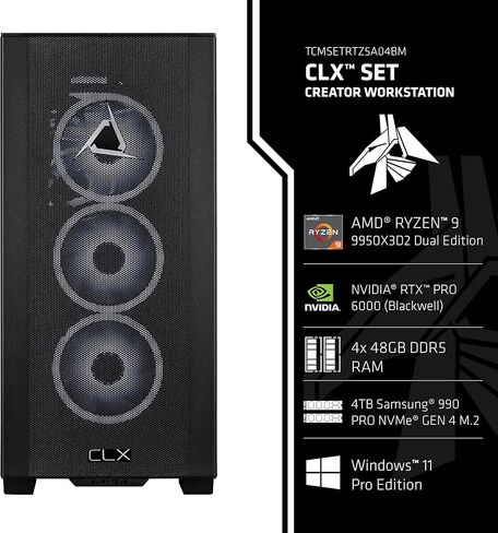 محطة عمل CLX Set Creator - AMD Ryzen 9 9950X3D2 4.3 جيجا هرتز، RTX Pro 6000، 4 تيرابايت NVMe M.2 SSD، ذاكرة DDR5 192 جيجابايت، 360 مم AIO، WiFi، Windows 11 Pro، أسود، مسرع بالذكاء الاصطناعي in Kuwait