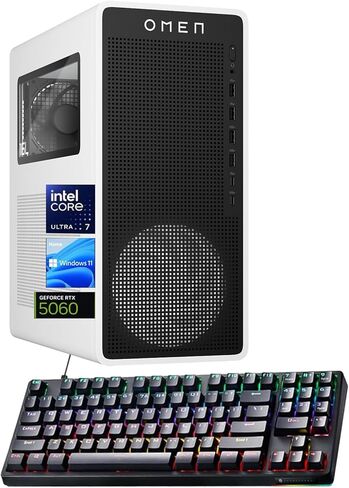 كمبيوتر مكتبي HP Omen 16L 5060 للألعاب، Intel Ultra 7 265F، Geforce RTX 5060، ذاكرة الوصول العشوائي DDR5 سعة 32 جيجابايت، 1 تيرابايت SSD، محور OMEN، يدعم 3 شاشات 4K، HDMI، حزمة لوحة مفاتيح Thunderobot، Windows 11 Home، أبيض in Kuwait