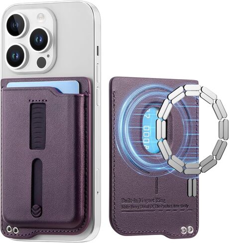 Micoden Compatible with MagSafe Wallet, 3 Card Holder with Secure Grip, Finger Loop Slim Vegan Leather Magnetic Wallet for iPhone 16/15/14/13/12, Not for Mini, Not Find My Compatible, Purple in Saudi Arabia