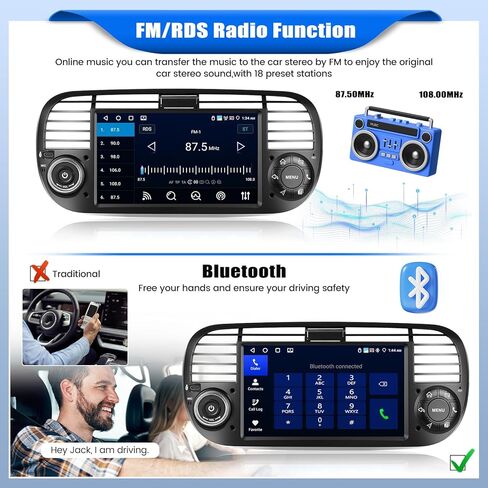 [4+64g] ستريو سيارة Android 8-Core لـ Fiat 500 2007-2015 مع Carplay و Android Auto ، وراديو سيارة 7 بوصة مع رابط المرآة Bluetooth FM/RDS WiFi GPS SWC Dual USB+AHD Camera in Kuwait