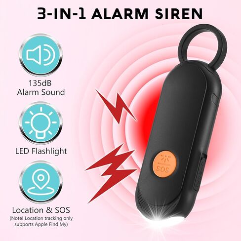 Personal Safety Alarm for Women – 135dB Loud Siren & Strobe Light, Anti-Loss Locking Pin, Rechargeable USB-C, Keychain Design, Works with Apple Find My, for Women/Kids/Seniors – Black in Saudi Arabia