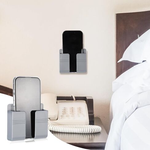 2 Pcs Wall Mount Phone Holder Self Adhesive Phone Shelf with Data Cable Receiving Hole, Grey Charger Remote Control Storage Box, Cell Cradle Bedside Organizer Remote Control Stand for Home Office in Saudi Arabia